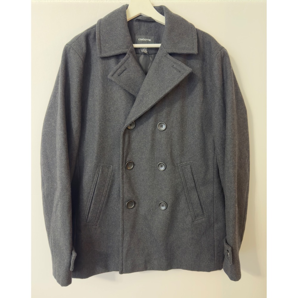 Claiborne Mens Double Breasted Pea Coat Wool Blend Charcoal Gray Medium Quilted
